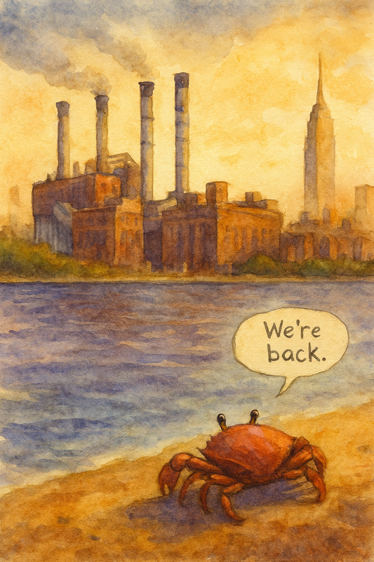 Watercolor of a crab on a shore looking at a city with caption 'We're back.'